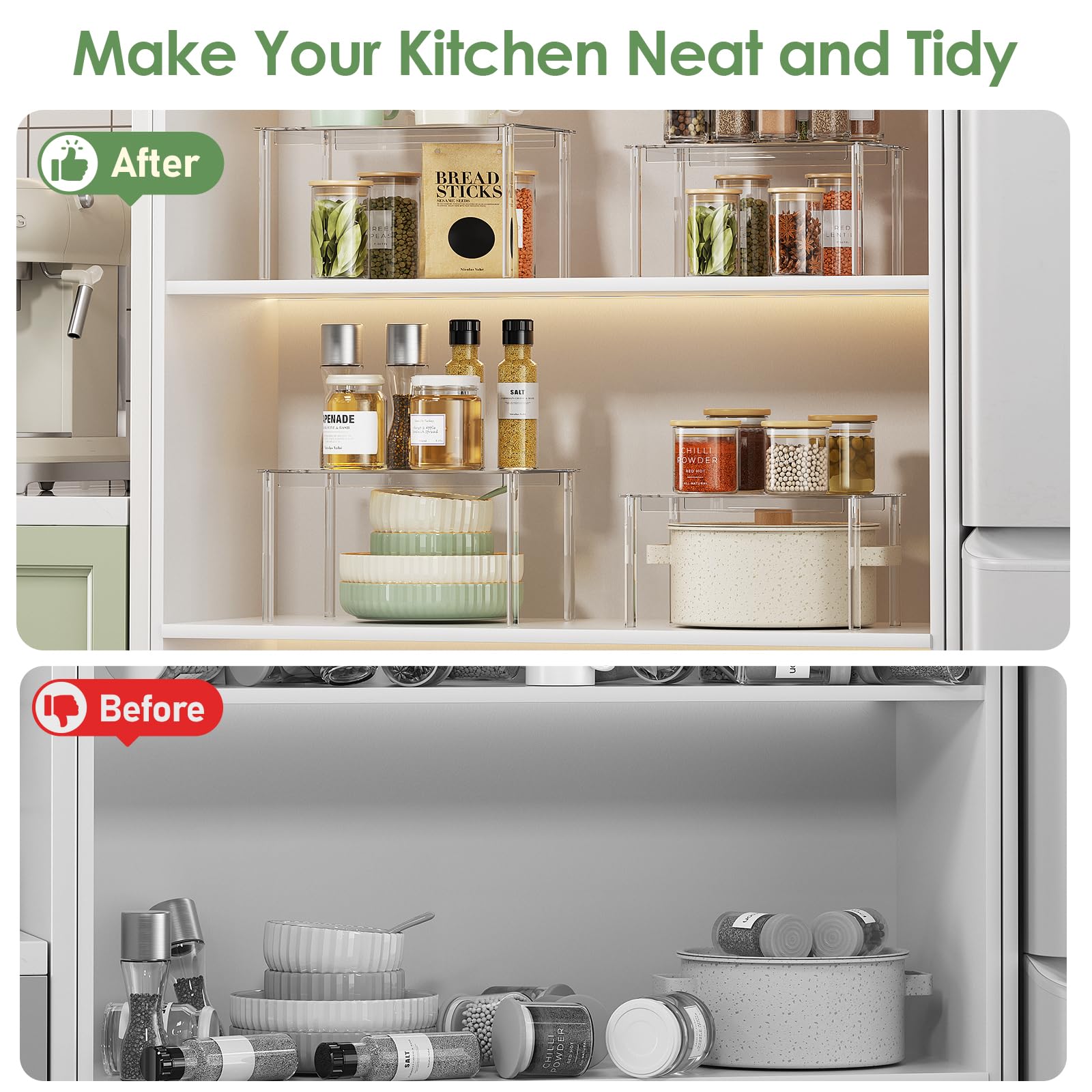 Delamu clear cabinet organizer spices neatly visible on a tier for quick access.