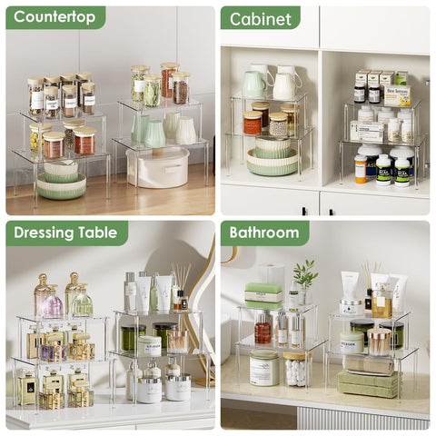 Delamu clear cabinet organizer stackable design fits corners and tight spaces.