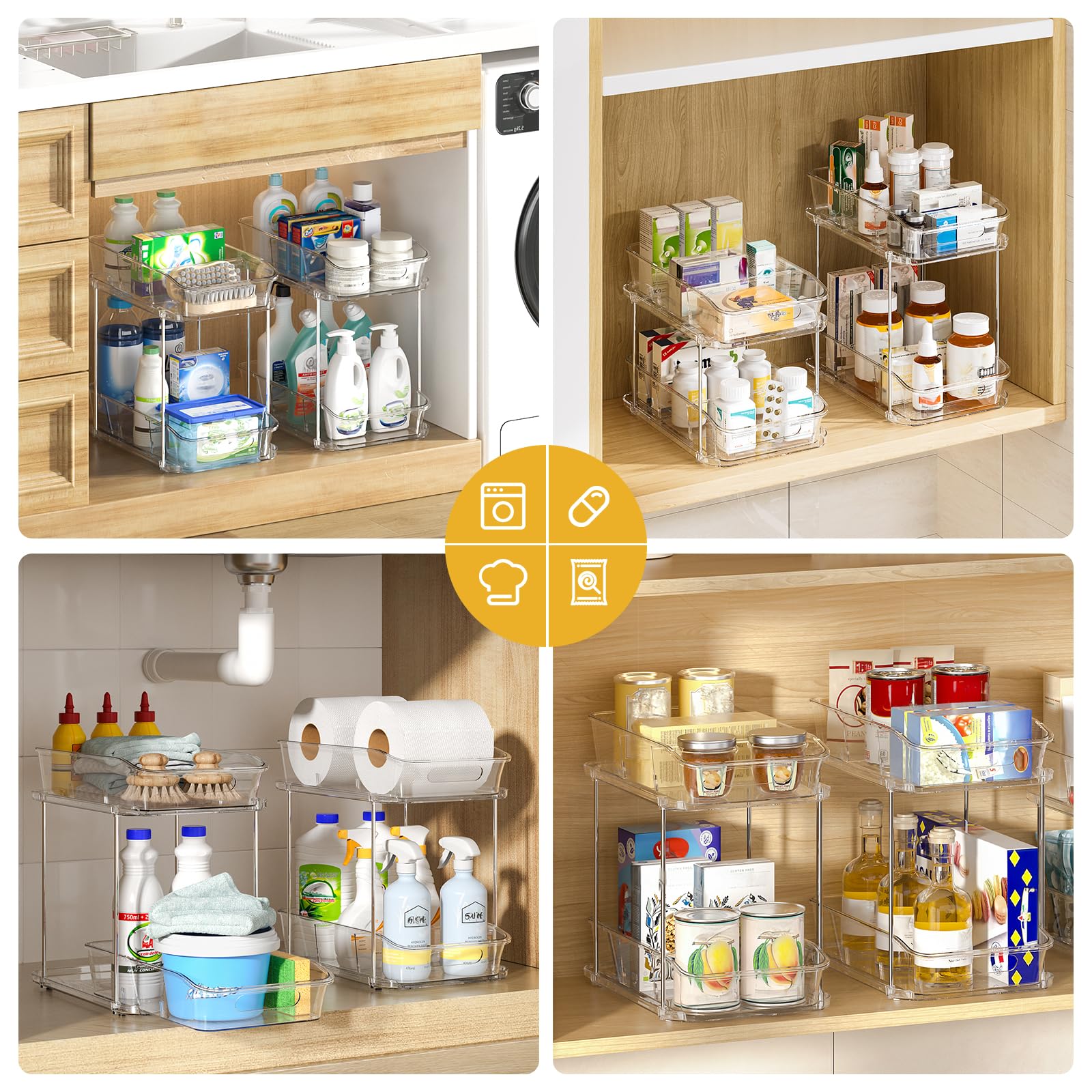 Delamu clear kitchen cabinet organizer shows see-through panels for quick item checks.