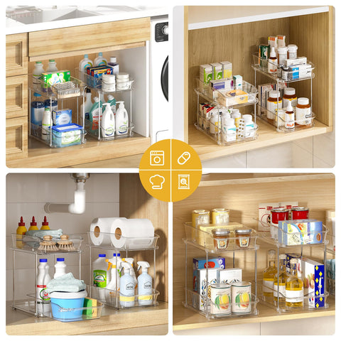 Delamu clear kitchen cabinet organizer shows see-through panels for quick item checks.