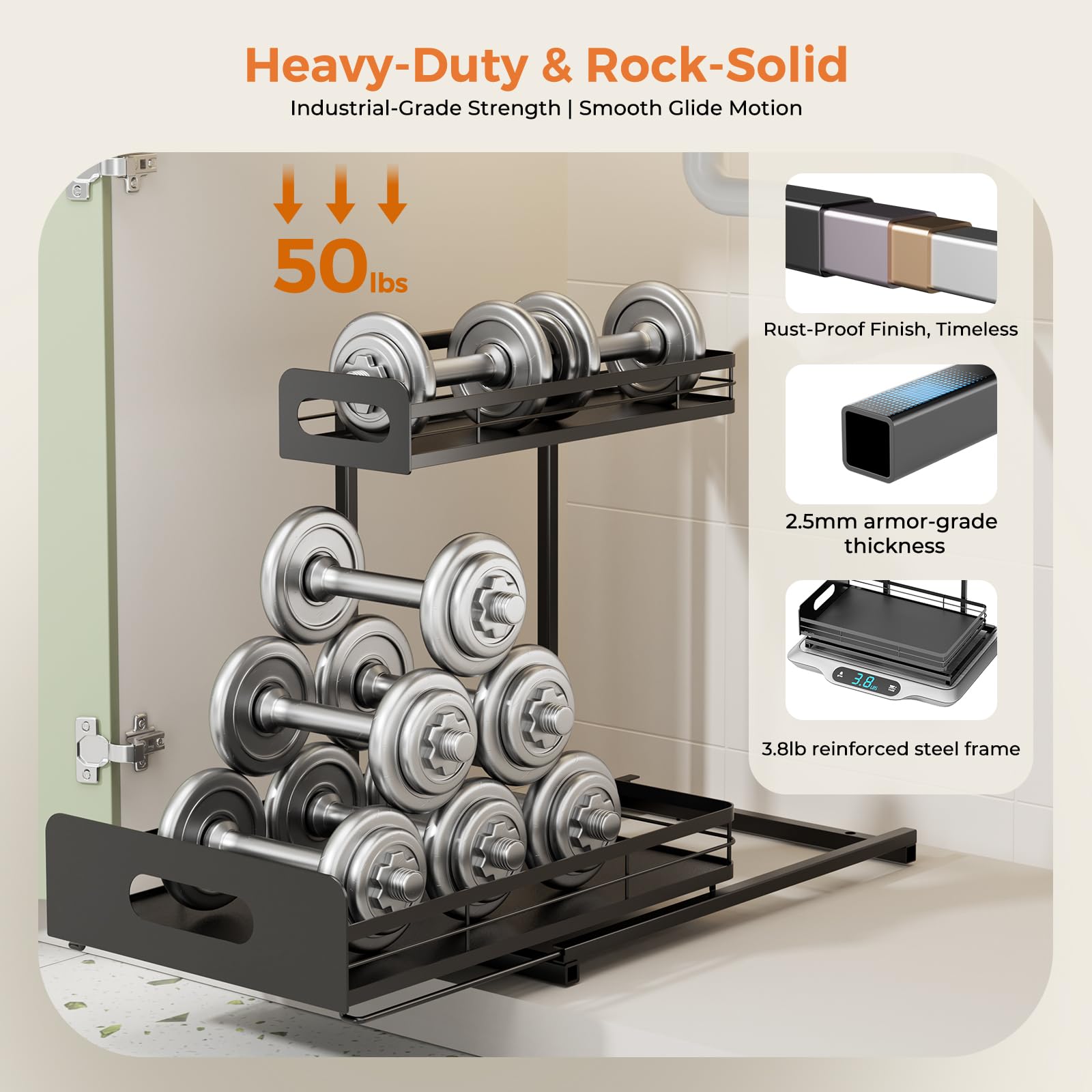 Delamu L-shaped reinforced steel frame stabilizes under-sink storage.