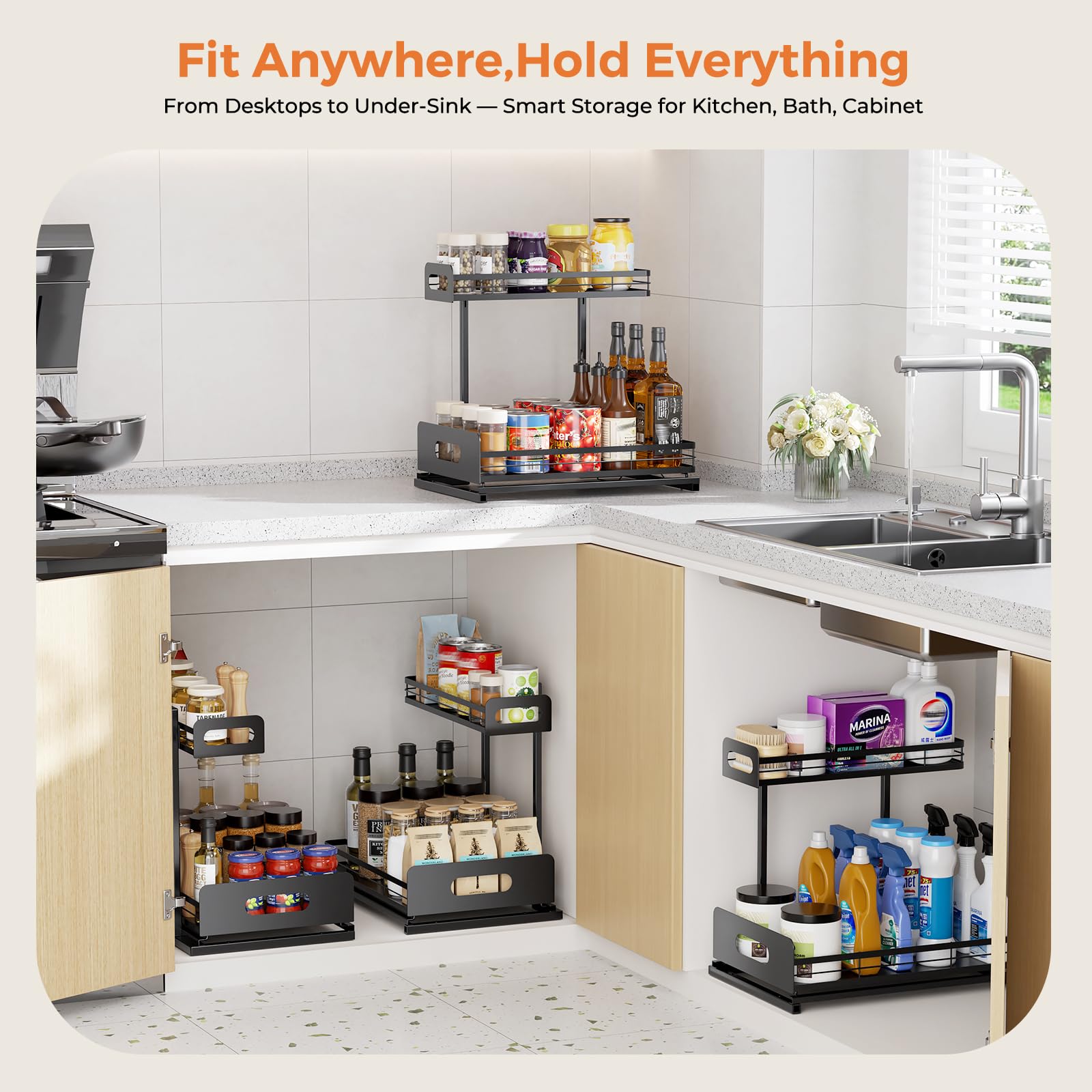 Delamu matte black finish complements modern cabinet interiors and decor.