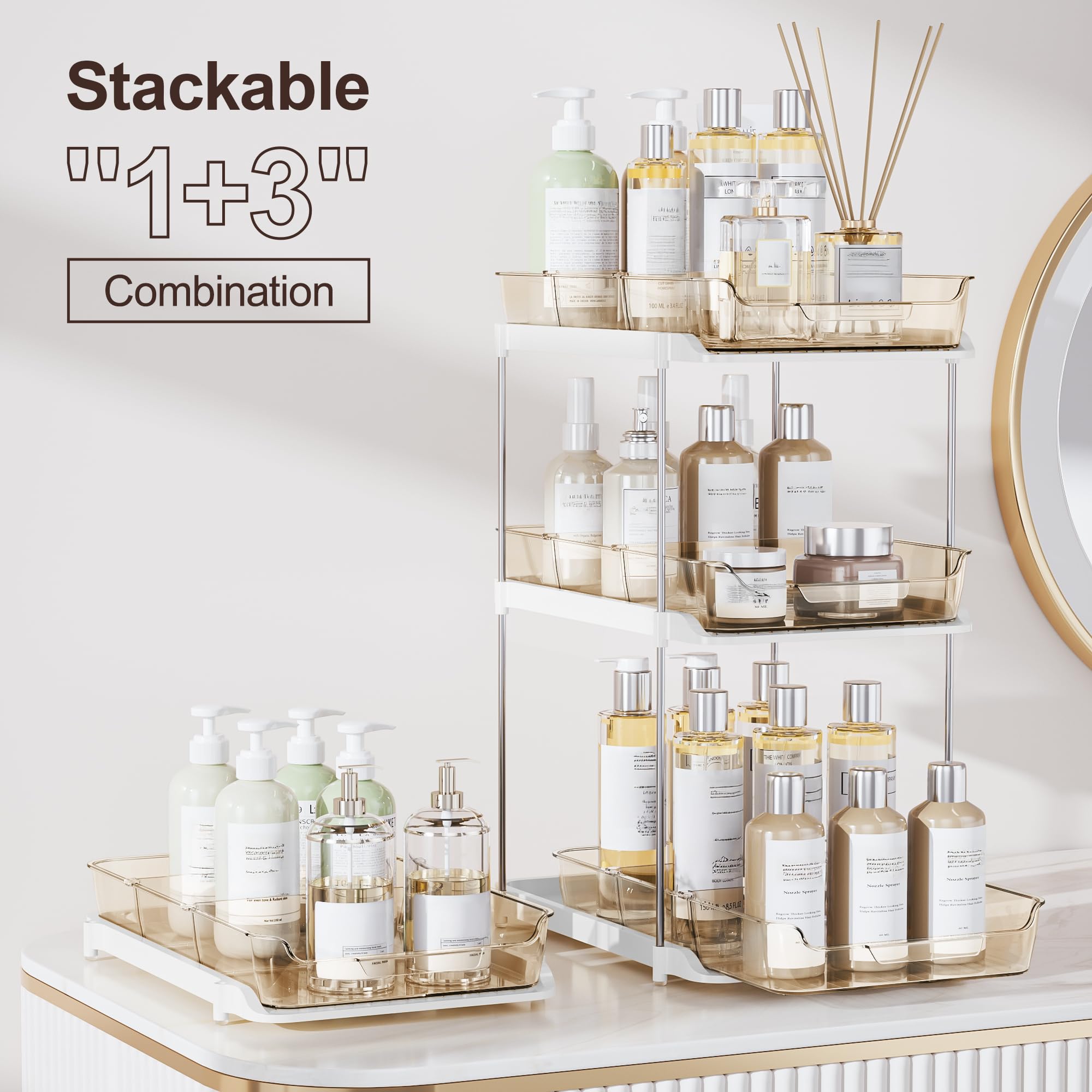 Movable dividers on Delamu organizer enable flexible spacing for various items.