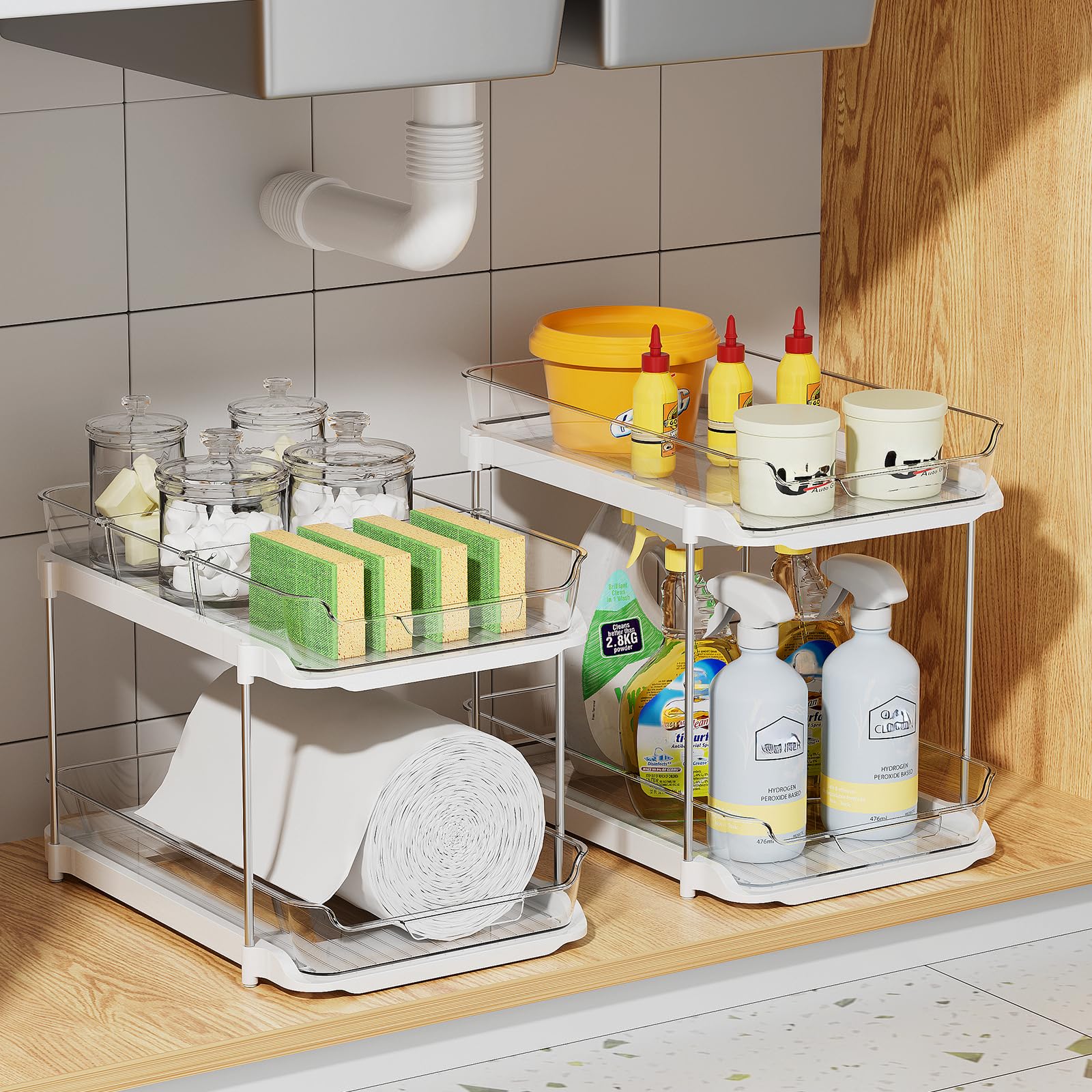 Delamu organizer shows non-slip feet and rust-proof rods for durability
