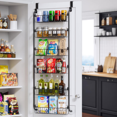 Delamu six-basket over-the-door organizer provides roomy pantry storage for jars and spices.