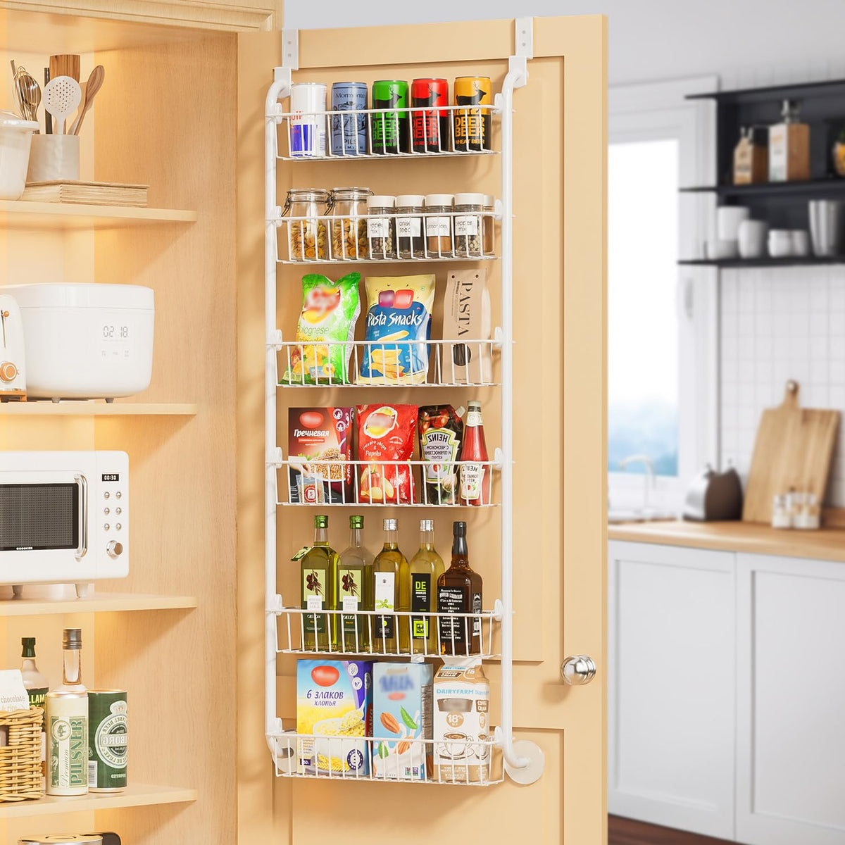 Delamu over-the-door pantry organizer 6-tier in white, maximize vertical storage.