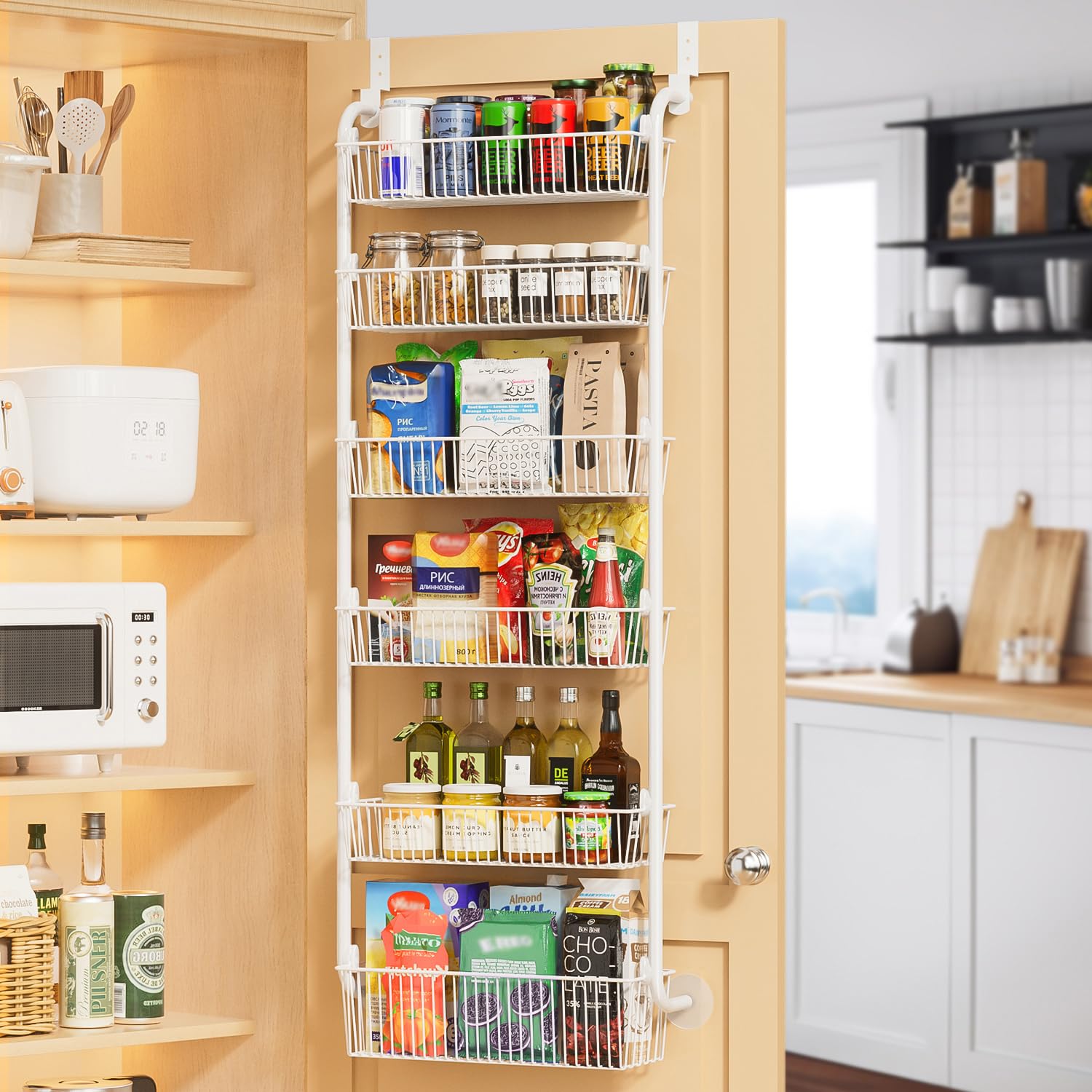 Delamu over-the-door pantry organizer front view stores jars neatly.