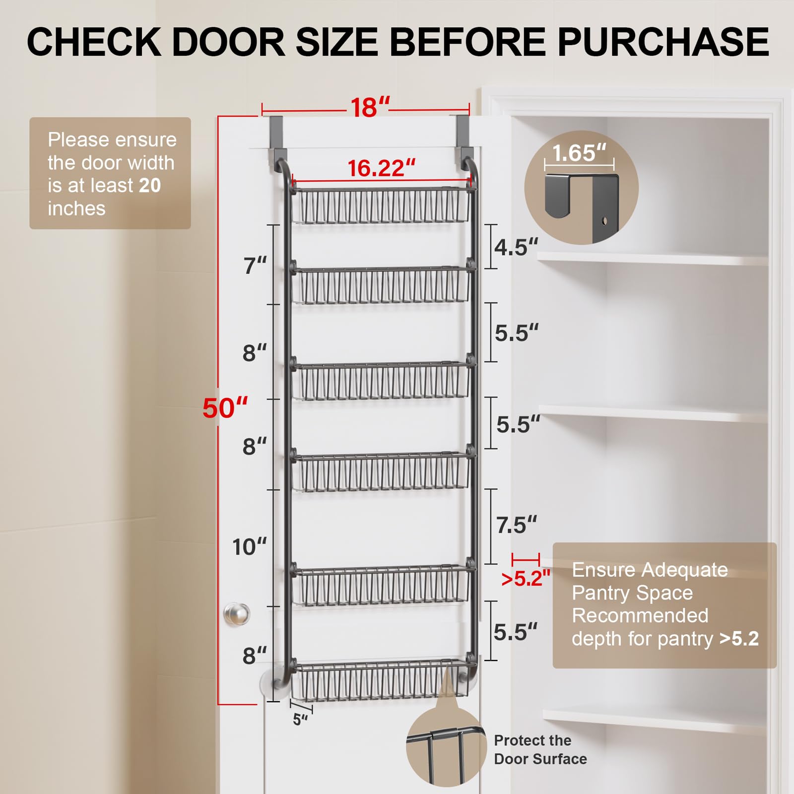 Delamu pantry organizer snaps together for quick, tool-free installation over doors.