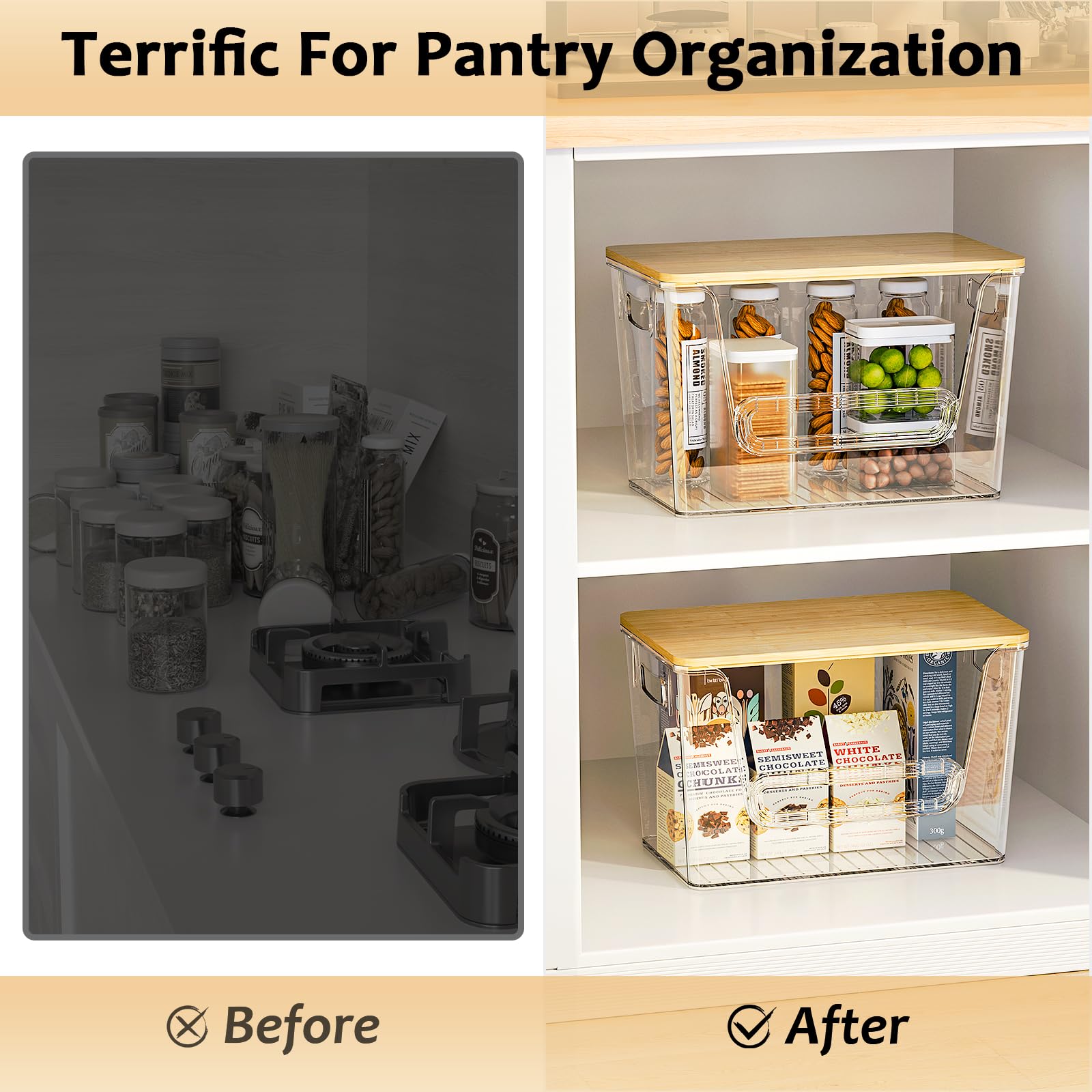 Delamu pantry organizers with non-slip pads prevent sliding on smooth surfaces.