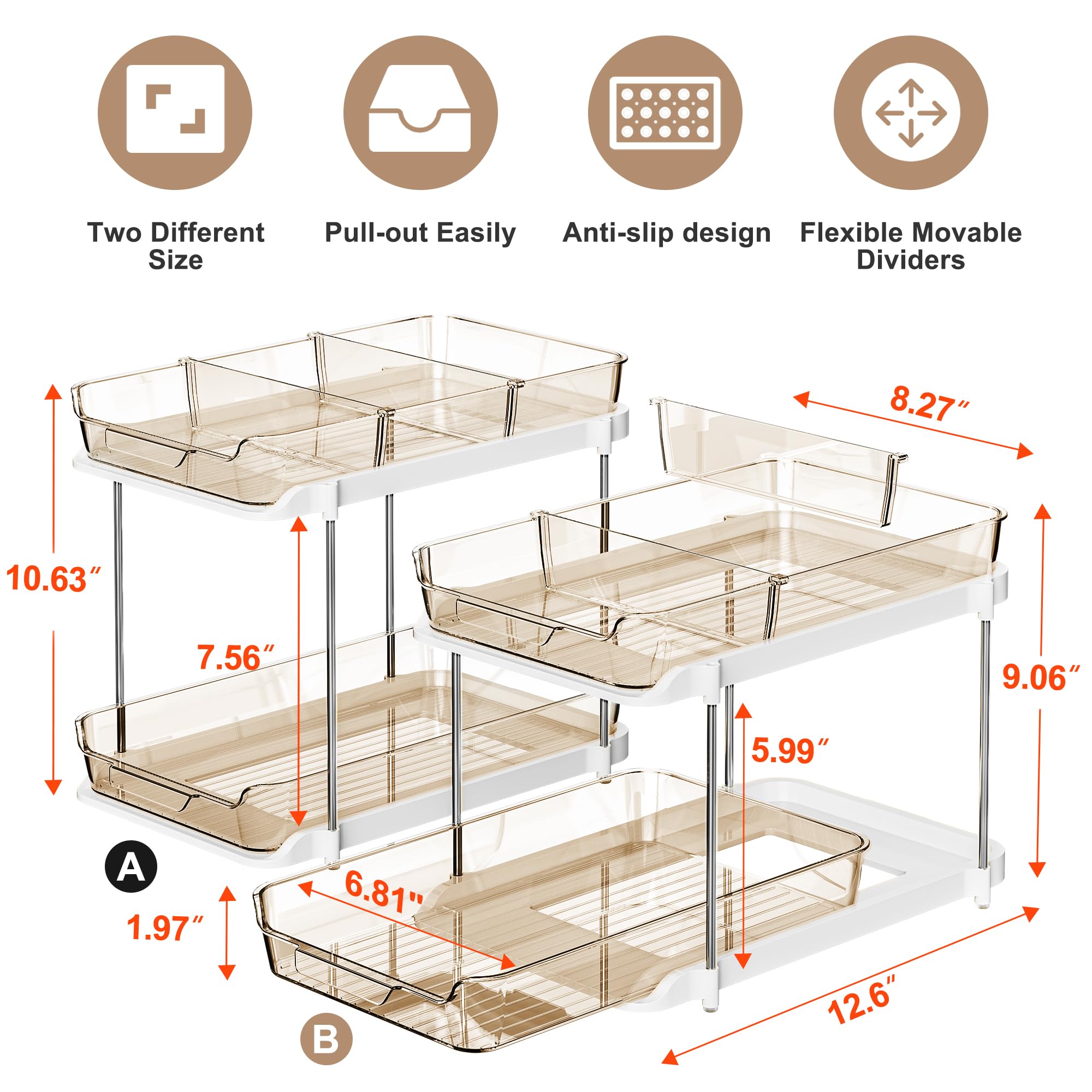 Delamu pull-out drawers in amber finish improve kitchen cabinet access.