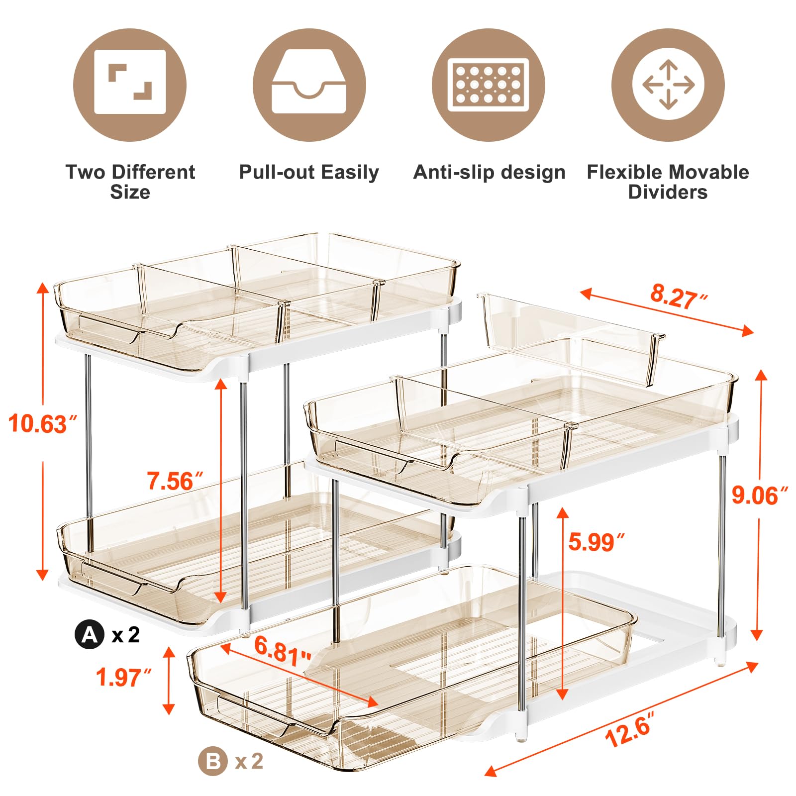 Delamu pull-out drawers offer smooth access for kitchen and bathroom items.