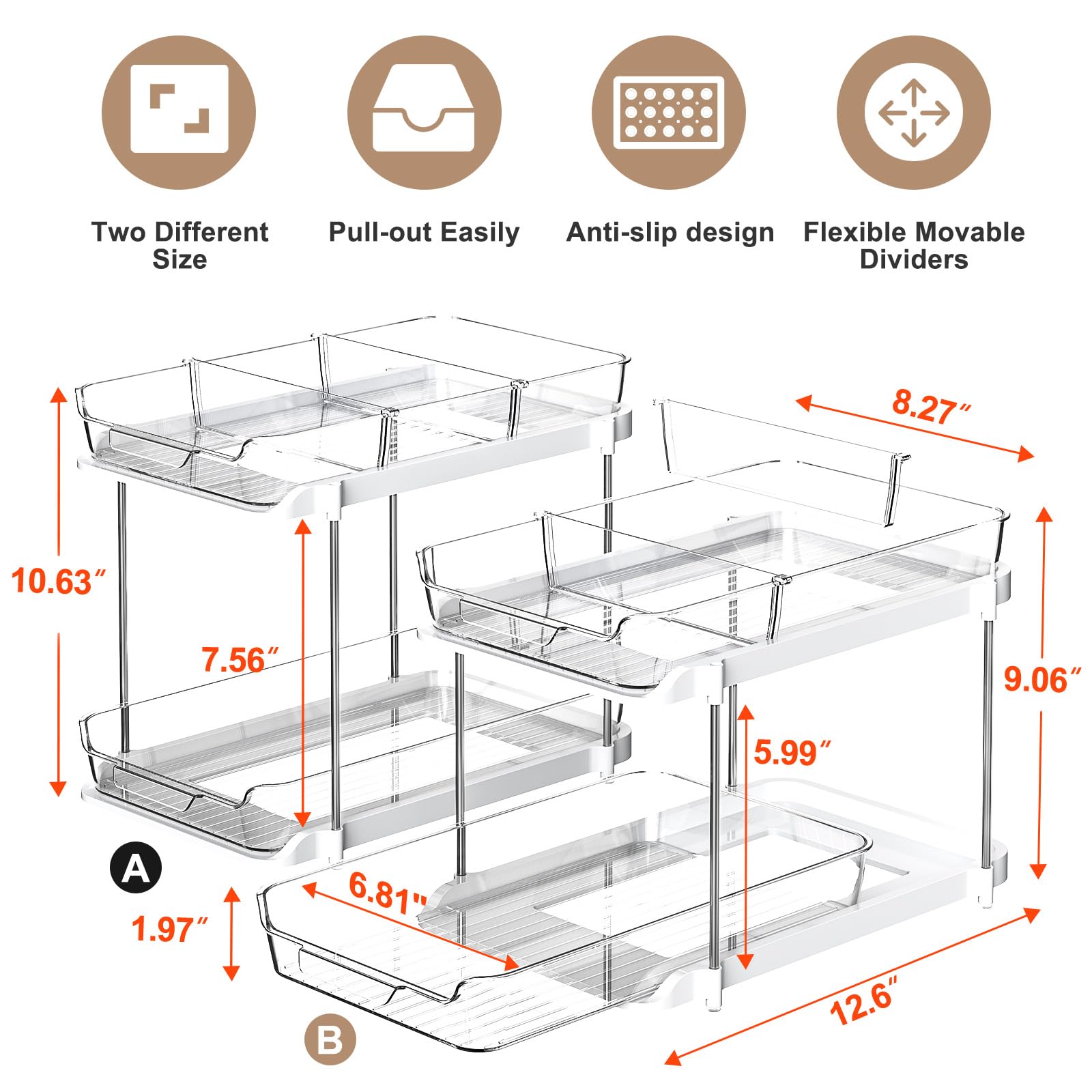 Delamu pull-out drawers with movable dividers for cosmetics and meds