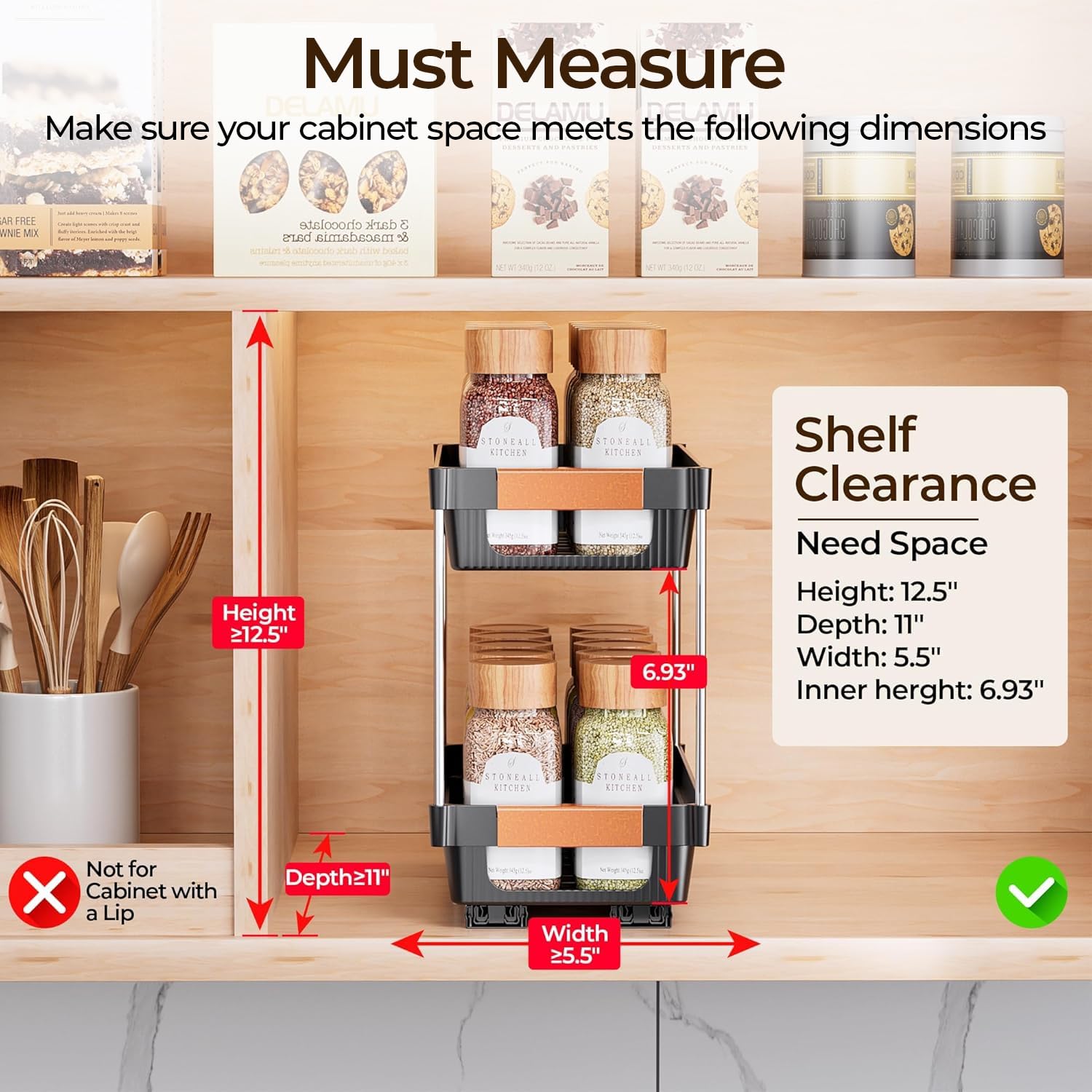 Delamu spice rack installed in a narrow cabinet for quick reach