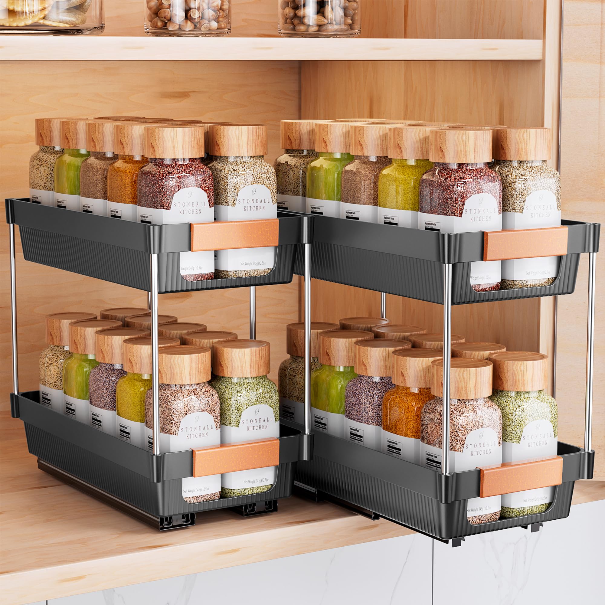 Delamu 2-pack pull-out spice rack assembly in cabinet for easy access