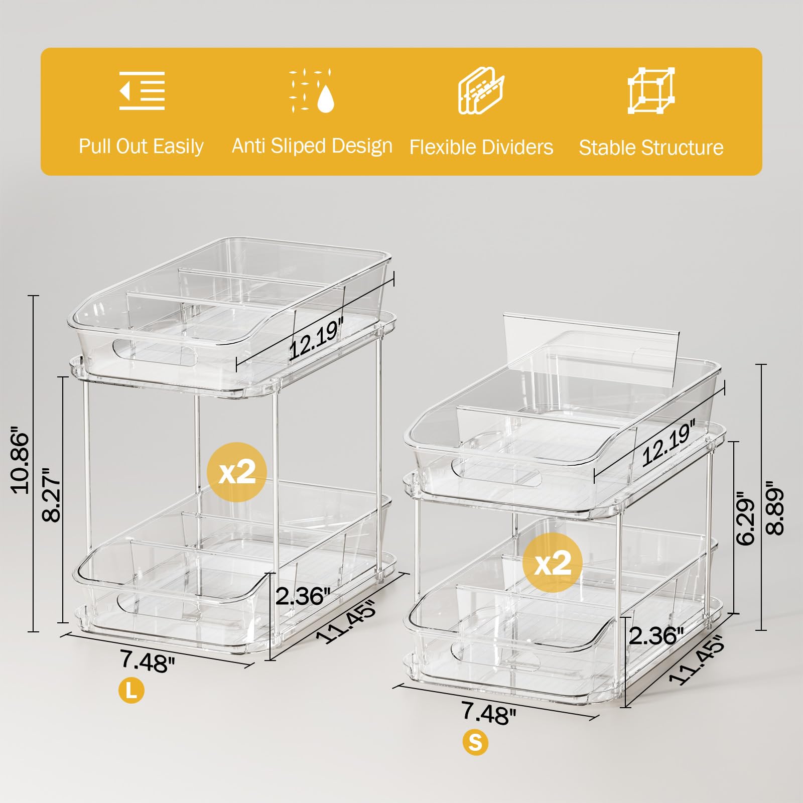 Delamu stackable bathroom organization rack emphasizes tall and short units for versatile setup.