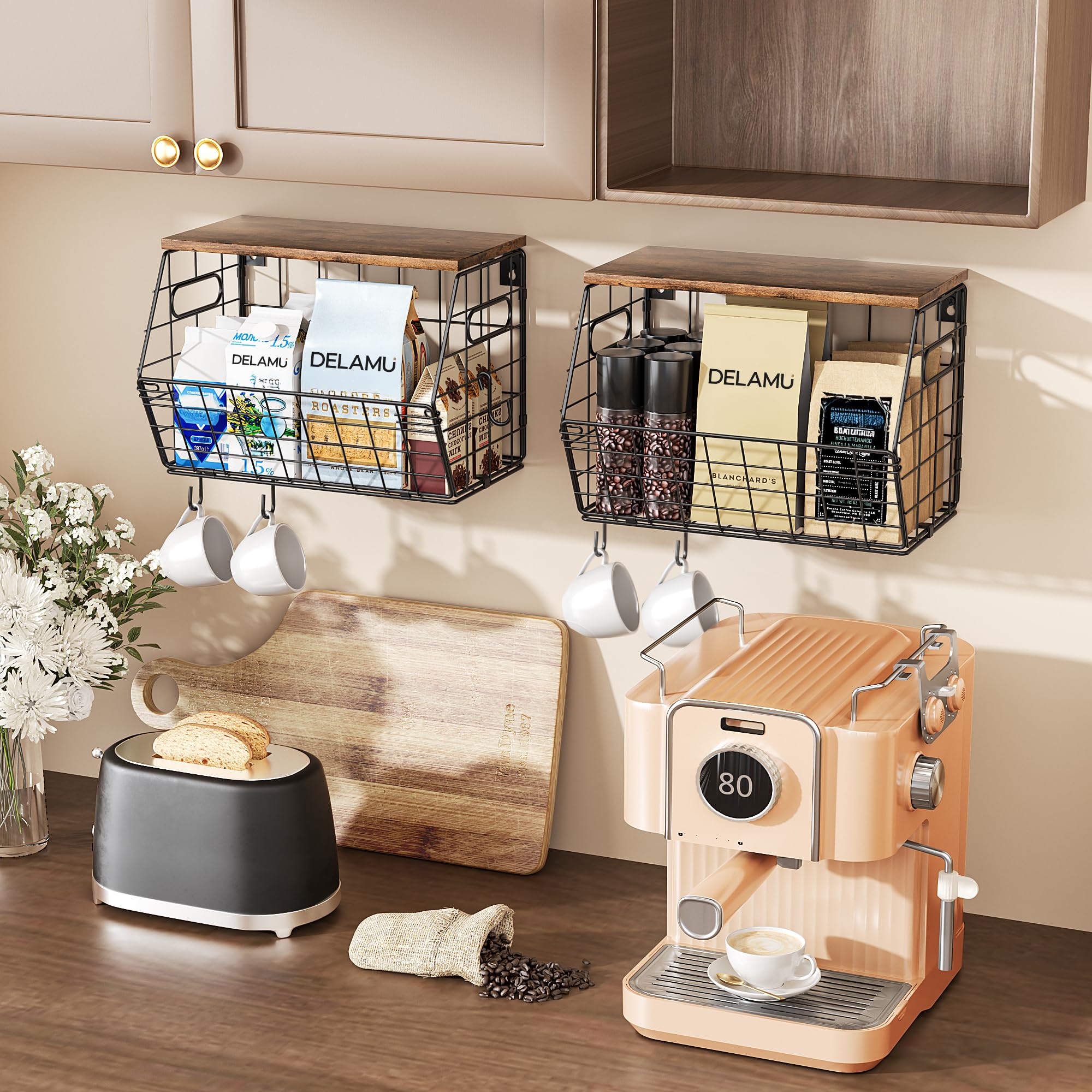 Stack configuration frees counter space while keeping items accessible.