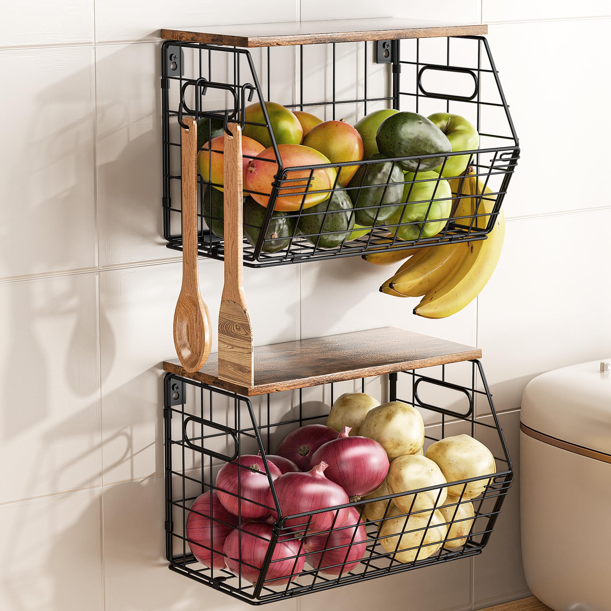 Delamu stackable metal fruit basket with wood lid on countertop for compact pantry organization.