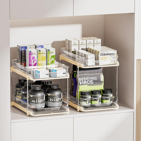Delamu stackable pantry storage maximizes vertical space for shelves.