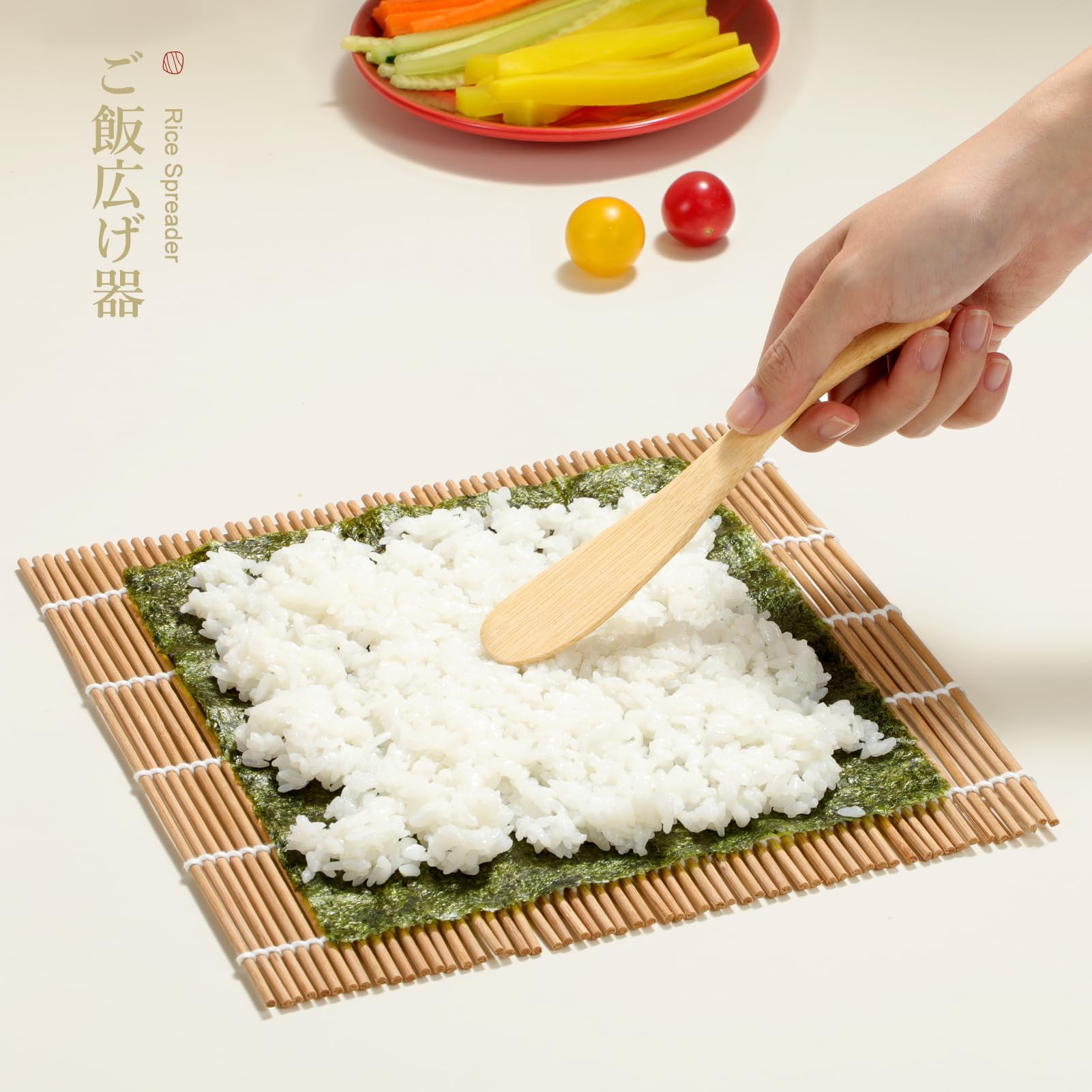 Delamu sushi kit rice spreader demonstrates even rice distribution