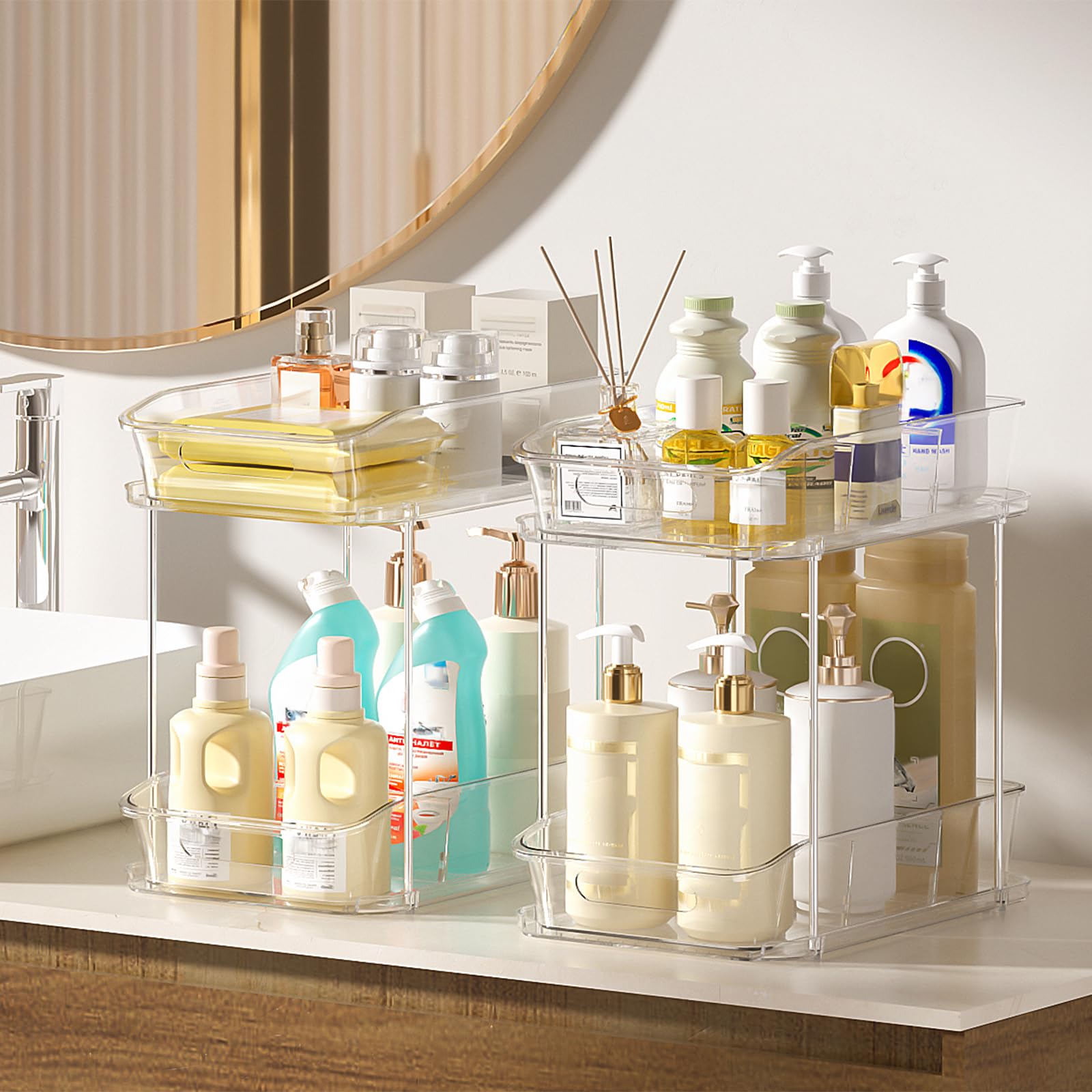 Delamu transparent storage rack provides visibility for cleaning supplies and skincare neatly.