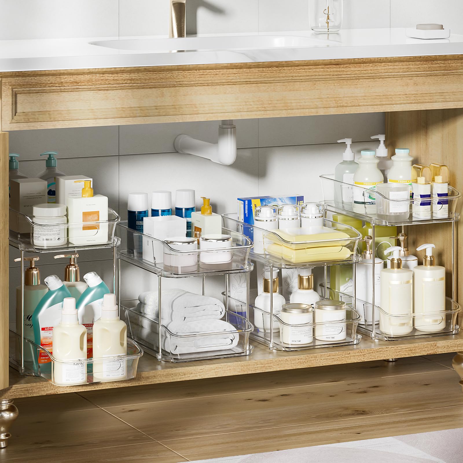 Delamu 2-Tier under-sink organizer short view highlighting compact height for tight spaces.