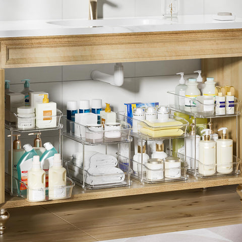 Delamu 2-Tier under-sink organizer short view highlighting compact height for tight spaces.