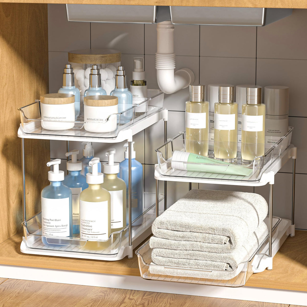 Delamu under-sink two-tier organizer keeps cabinets tidy and accessible