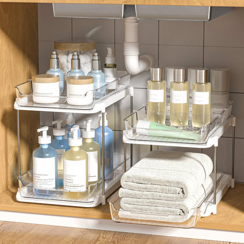 Delamu under-sink two-tier organizer keeps cabinets tidy and accessible
