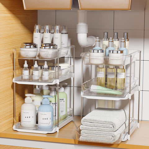 Delamu under-sink organizer assembly for flexible, space-saving bathroom storage.