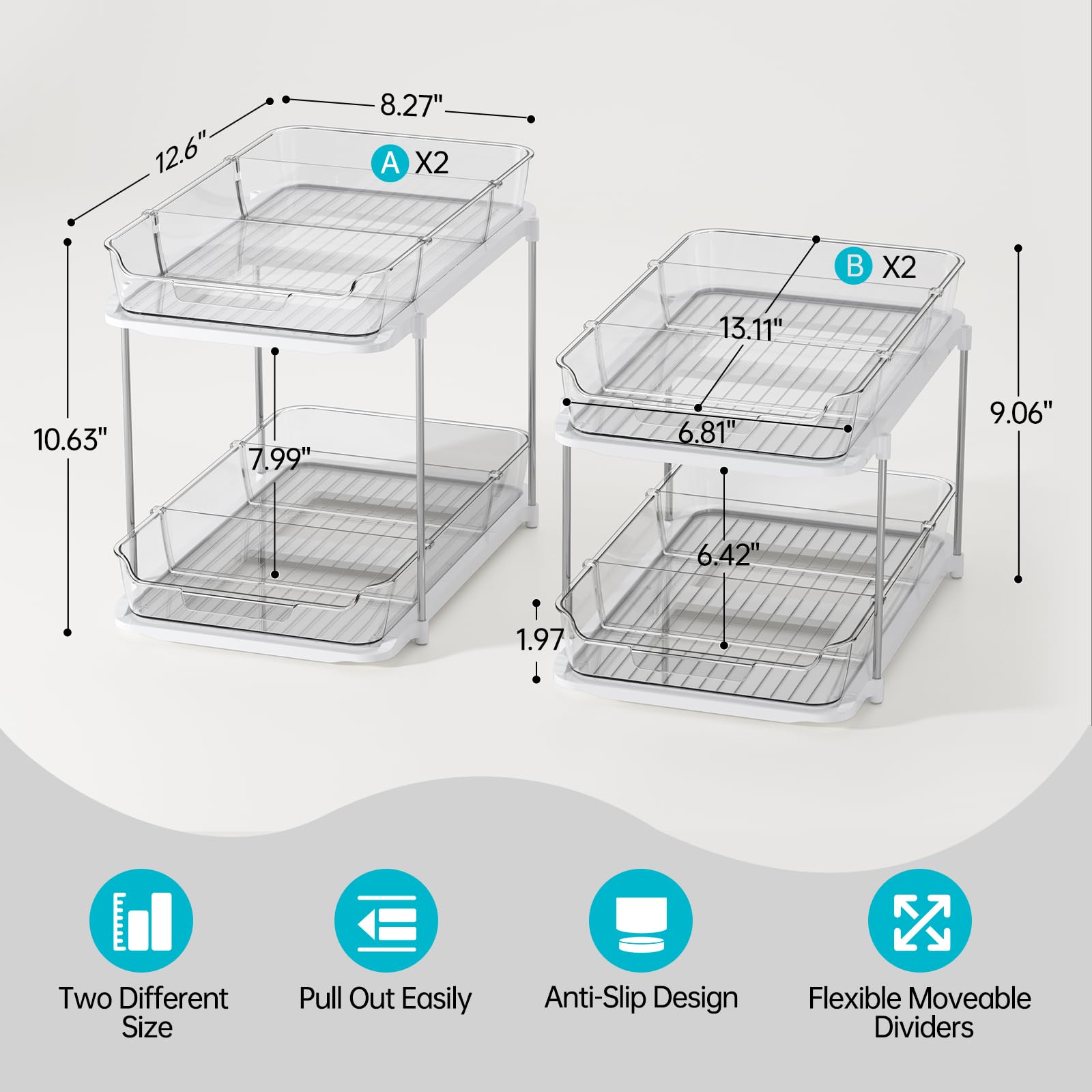 Delamu under-sink organizer featuring a clear drawer and movable dividers for separation