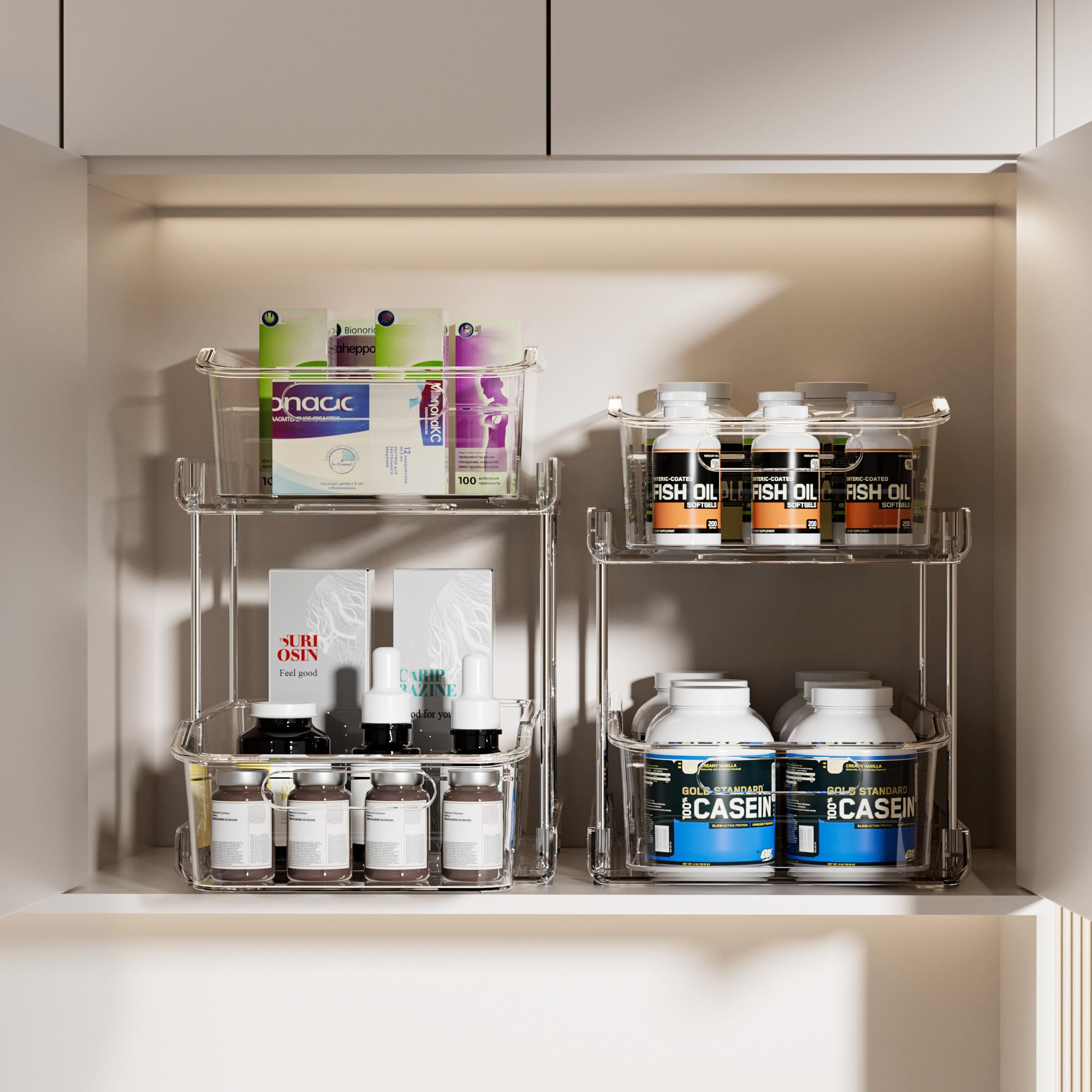 Delamu under-sink organizer stackable to three-high for extra capacity.