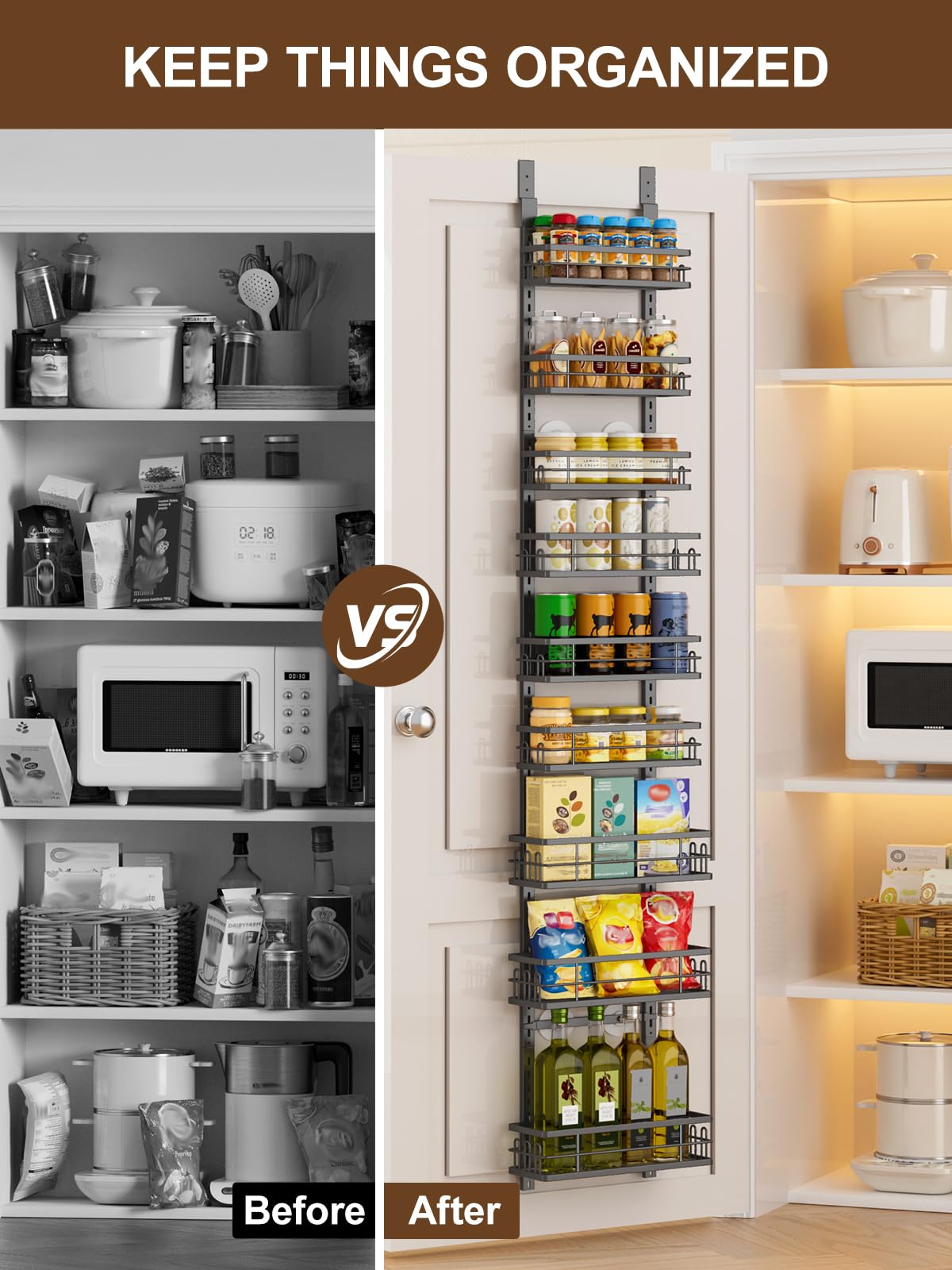 Delamu versatile door organizer suitable for kitchen, pantry, bathroom, and laundry.