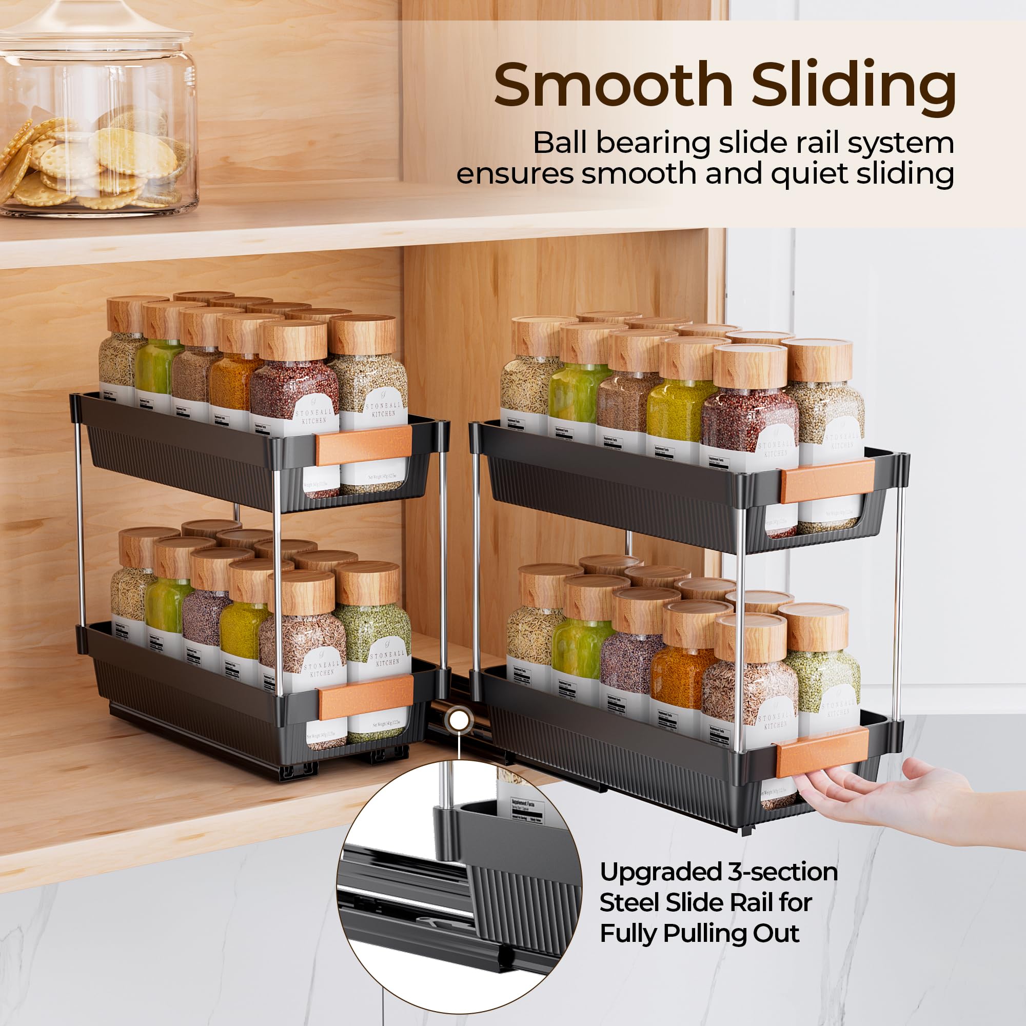 Delamu vertical spice organizer with two baskets for tidy shelves