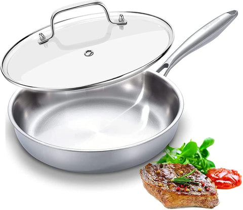 DELARLO 10-inch pan with lid on stove for even heat distribution