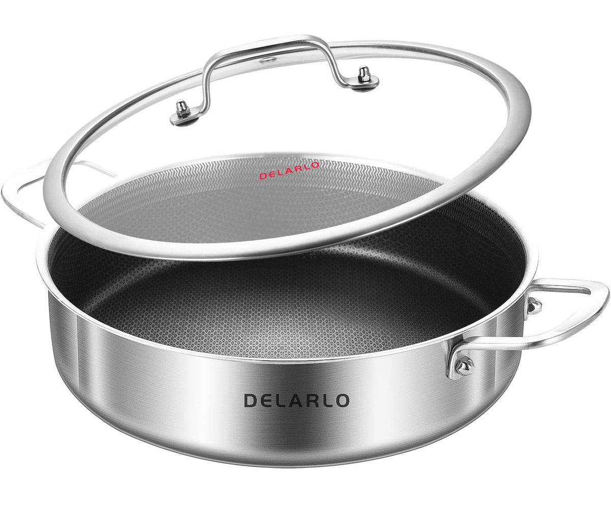 DELARLO 12-inch frying pan with lid delivers even heat for quick searing.