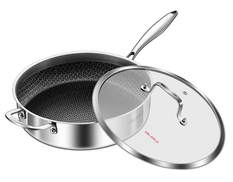 DELARLO 12-inch tri-ply frying pan delivers even heat for precise searing.