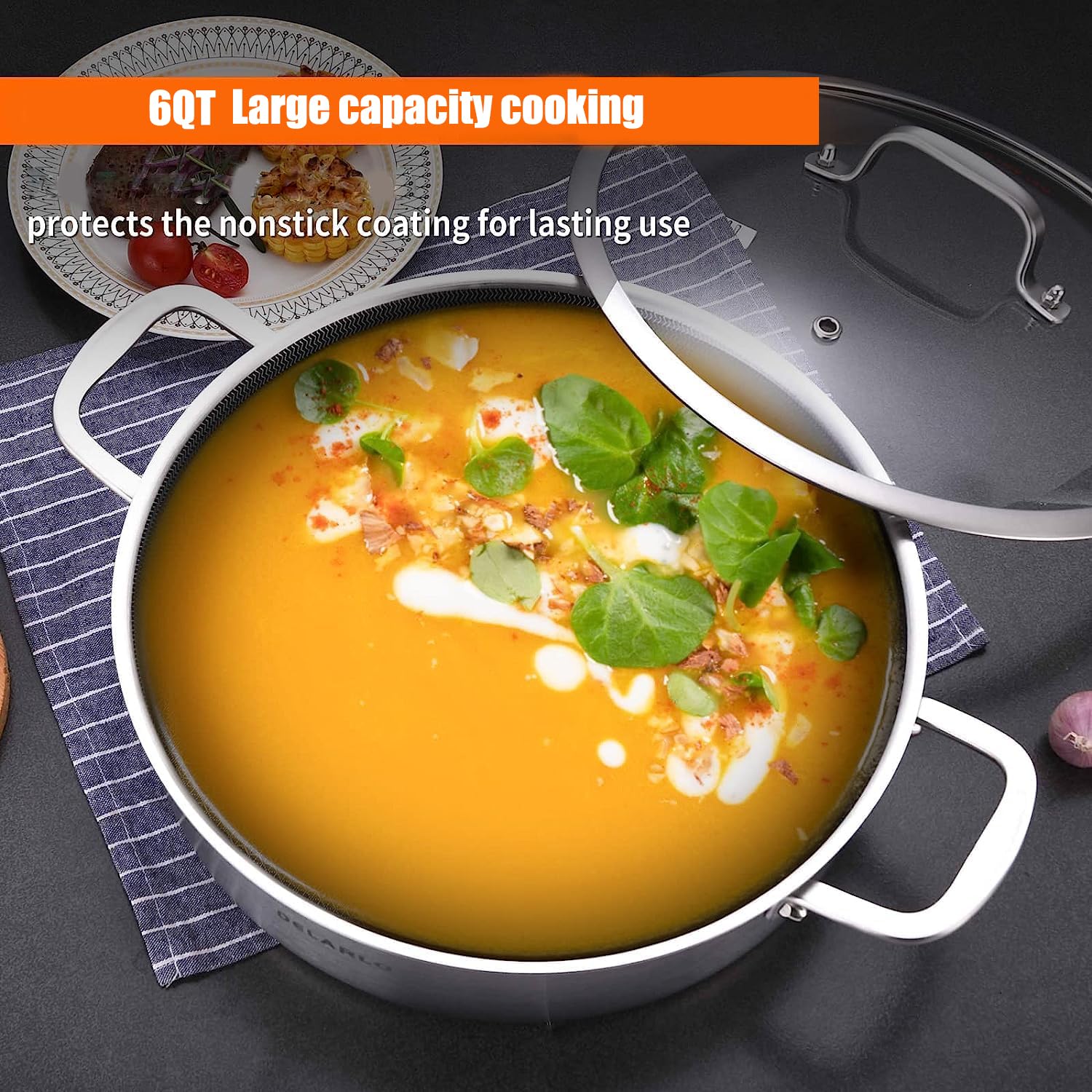 DELARLO glass lid seals in moisture for simmering and braising.