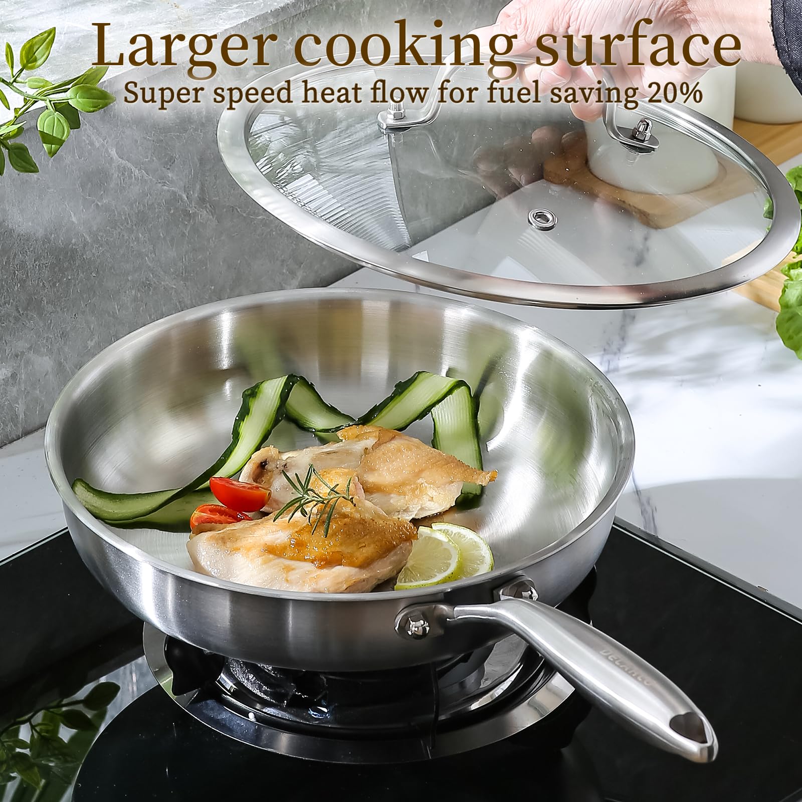 DELARLO oven-safe pan up to 600°F with lid