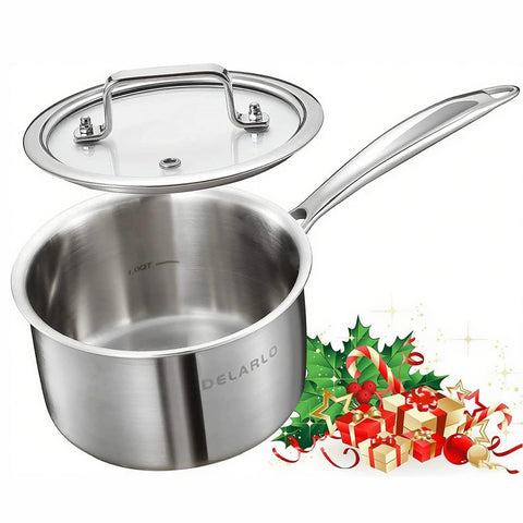 DELARLO small brushed saucepan with lid on induction hob delivers even heat.