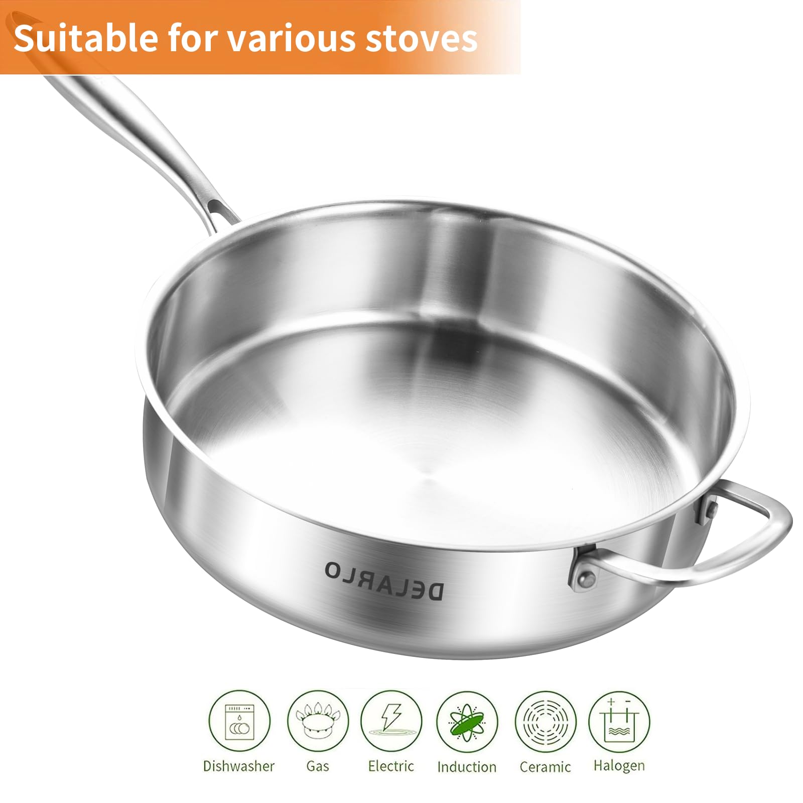 DELARLO stay-cool handles provide a confident grip during cooking