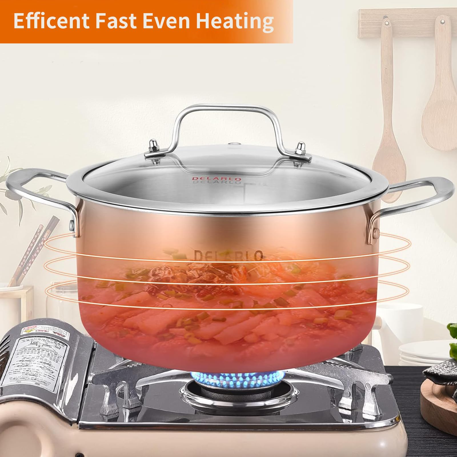 DELARLO induction-base stock pot works on all stove types.
