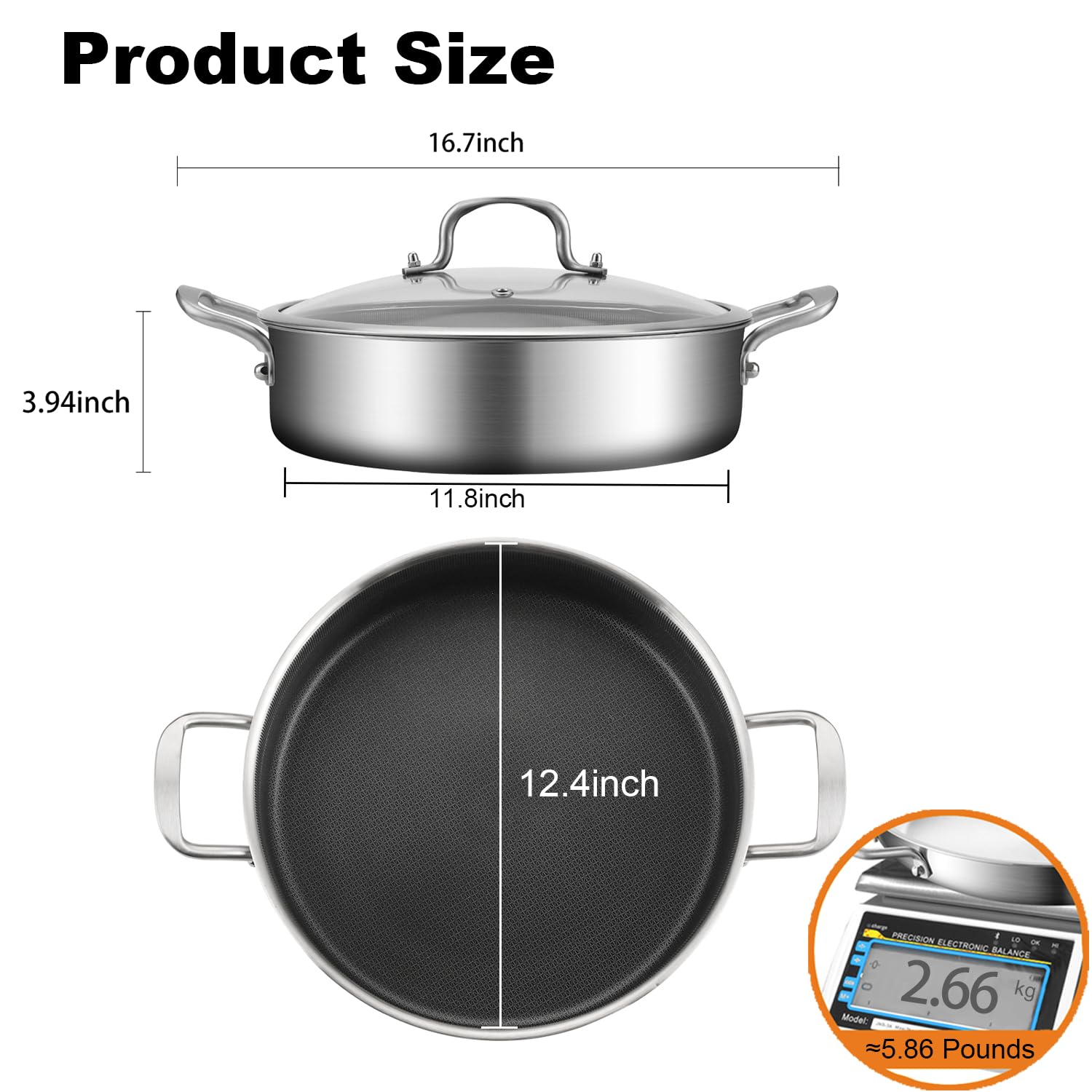 DELARLO Tri-Ply 12-inch pan with lid demonstrates secure glass lid for monitoring.