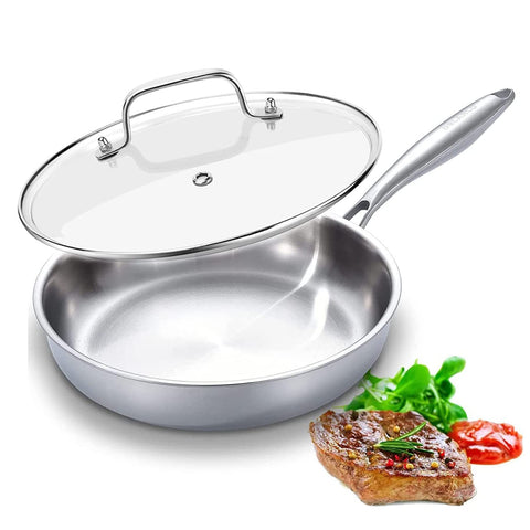 DELARLO 12-inch tri-ply pan on stove shows even heat for searing