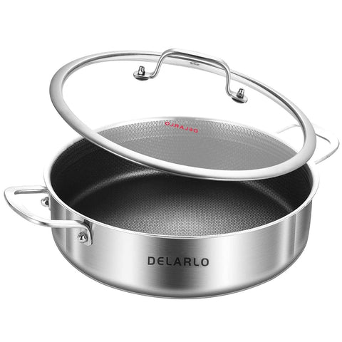 DELARLO Tri-Ply 7QT sauté pan overview with durable stainless steel and even heating.