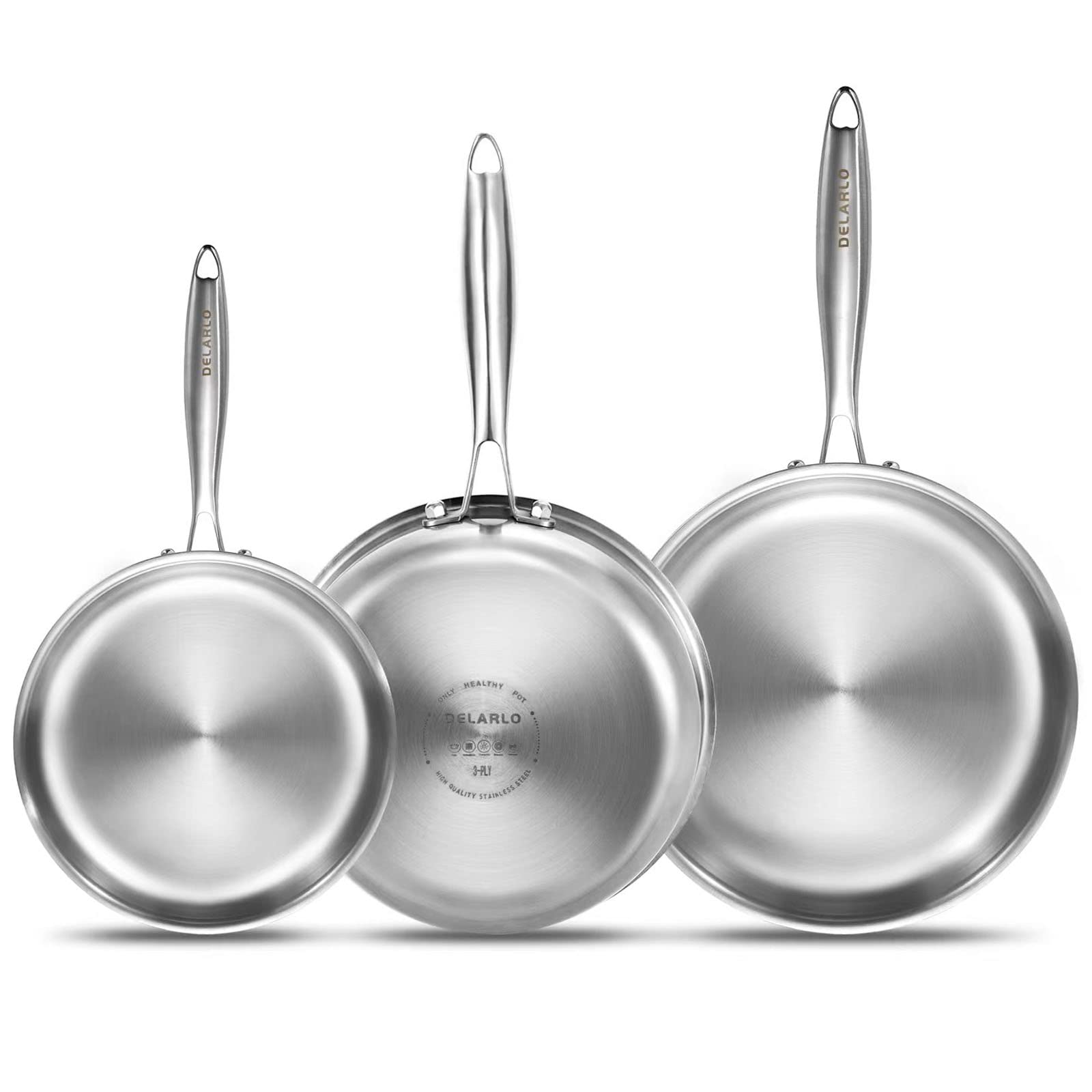 Delarlo Tri-Ply 8-inch pan with ergonomic handle for quick sautéing