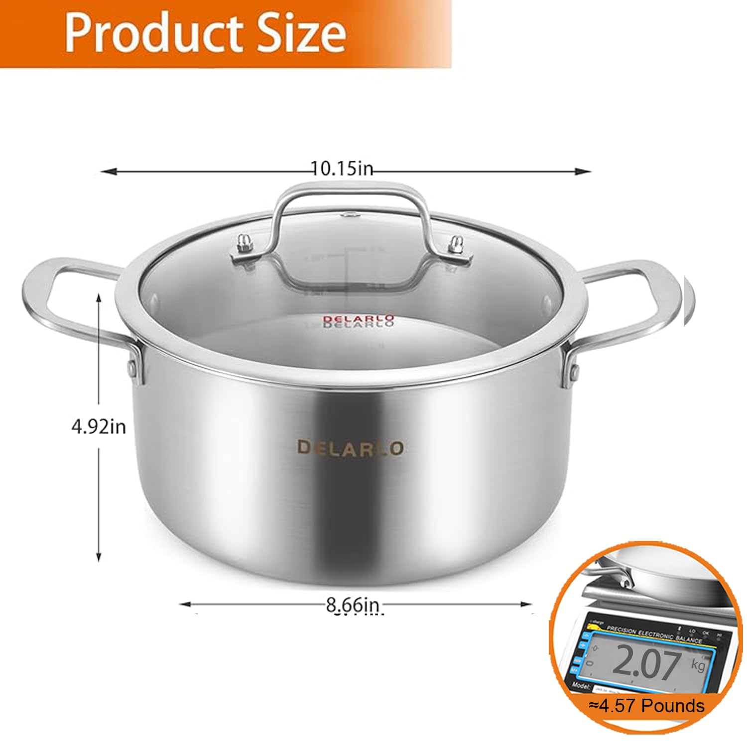 DELARLO tri-ply construction with aluminum core for quick heat response.