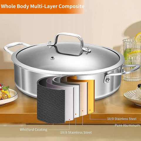 DELARLO Tri-Ply handle closeup shows ergonomic grip and cool-touch design for comfortable cooking.