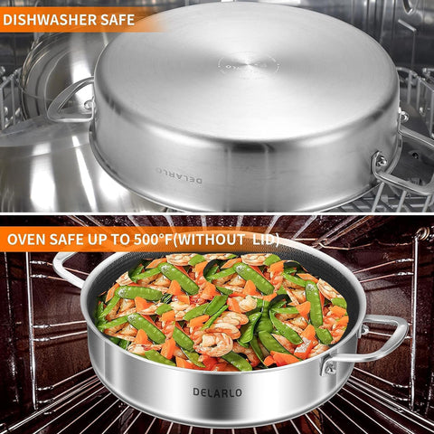DELARLO Tri-Ply glass lid image showcases steam release and visibility during cooking.