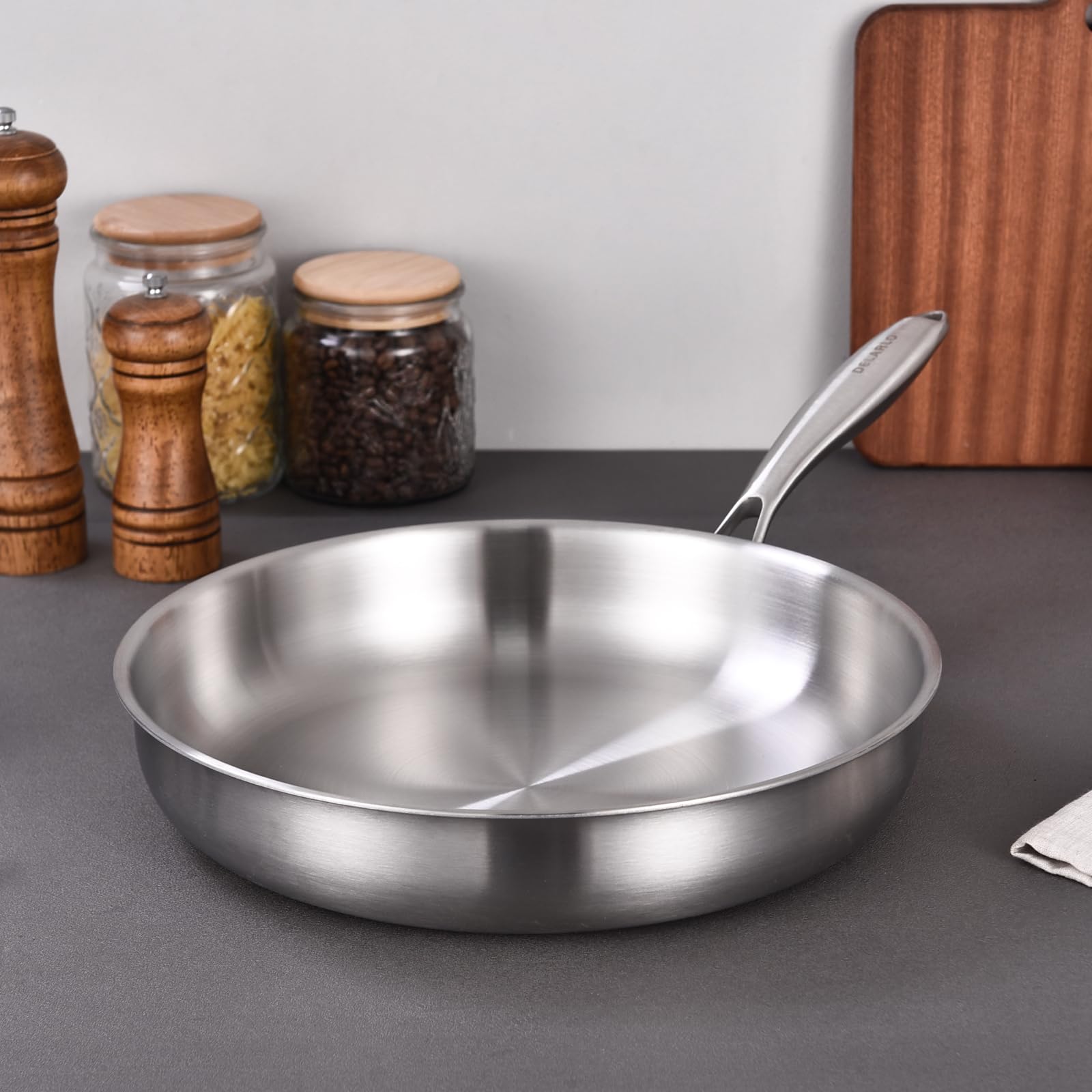 Delarlo Tri-Ply pan oven-safe up to 600°F for finishing dishes