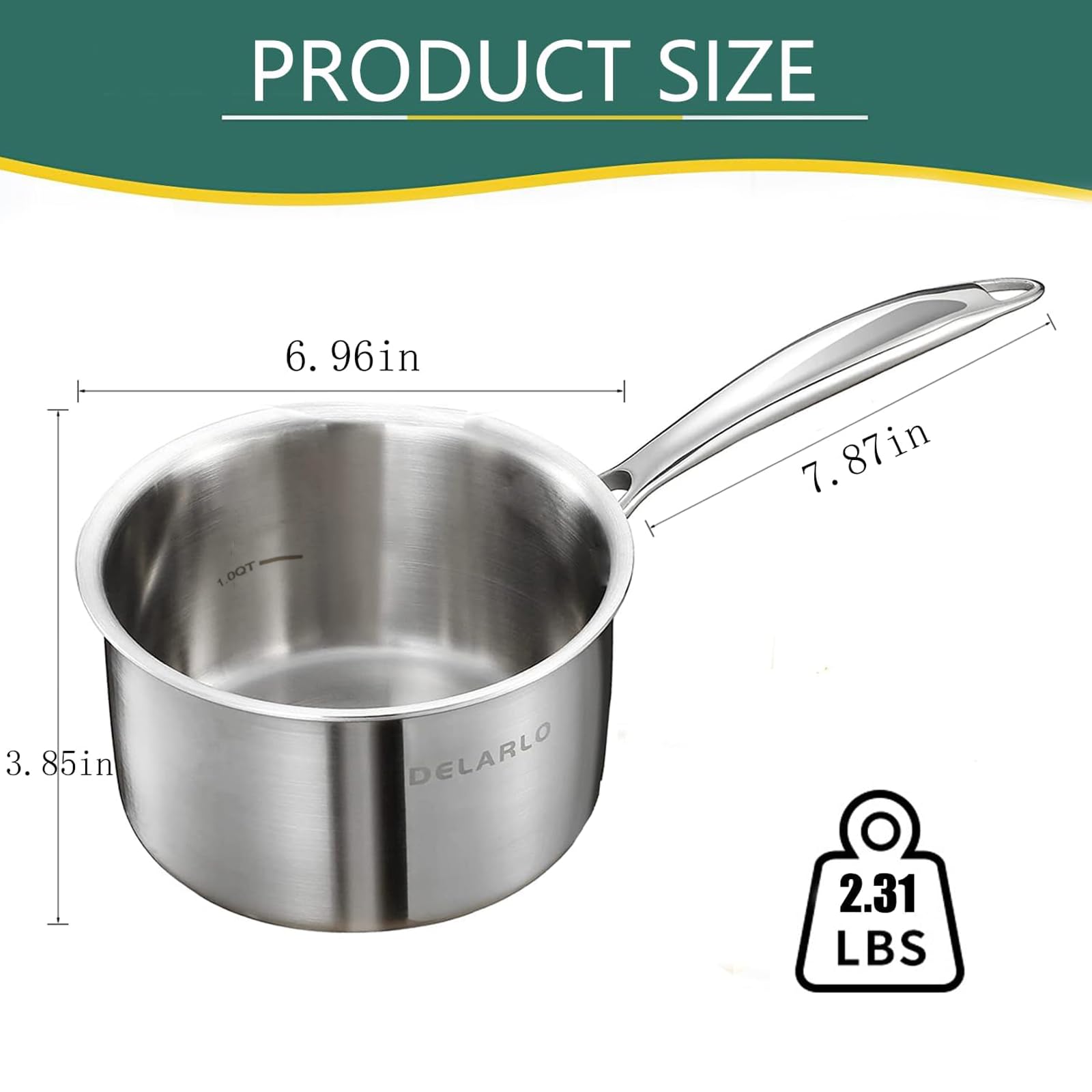 DELARLO tri-ply saucepan bottom and sidewalls highlight durable, even heat distribution.